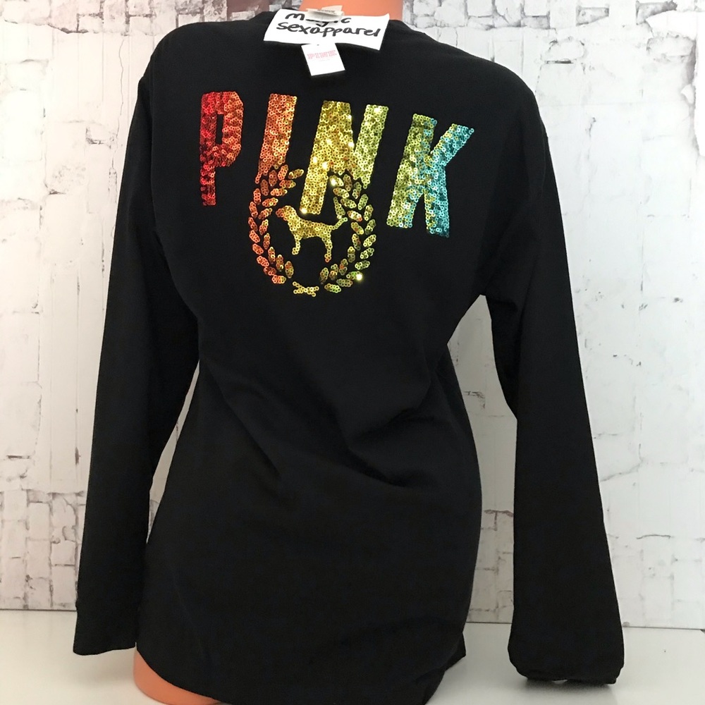 VS PINK XS S M L BLING SEQUIN CREW LONG-SLEEVE DOG